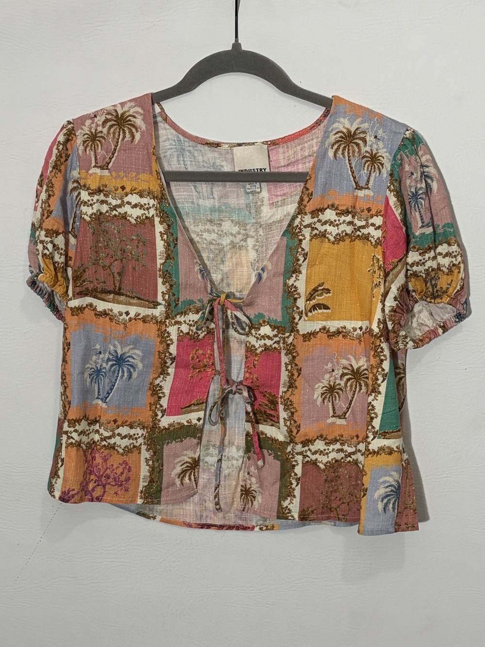Industry Linen Boho Tie-Front Patchwork Palm Print Top Small
